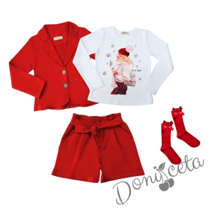 Комплект за момиче от 4 части - къси панталони в червено, сако в червено, блуза с дълъг ръкав и момиче в каре и чорапи в червено