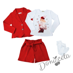 Комплект за момиче от 4 части - къси панталони в червено, сако в червено, блуза с дълъг ръкав и момиче в каре и фигурални чорапи в бяло