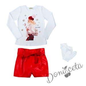 Комплект от 3 части - детска блузка в бяло с коледно джудже кожени панталони в червено на Contrast и 3/4 фигурални чорапи в бяло