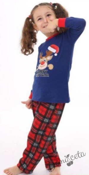 Коледна бебешка/детска пижама в тъмносиньо с дълъг ръкав с еленче с надпис и долнище в каре 93300447