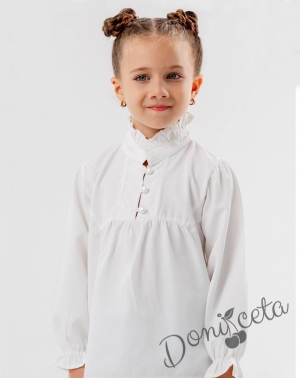 Детска риза за момиче с дълъг ръкав в бяло с копчета във вид на перли 43541058