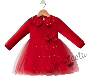 Детска рокля в червено с дълъг ръкав, тюл и якичка с перли