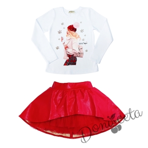 Комплект от 3 части - блуза в бяло с момиче,изрязана  кожена пола в червено и кожено яке
