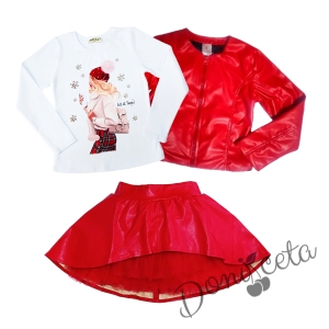 Комплект от 4 части - блуза в бяло с момиче,изрязана  кожена пола в червено , кожено яке и чорапи2