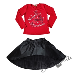 Комплект от блуза в червено с дълъг ръкав с момиче и кожена пола в черно