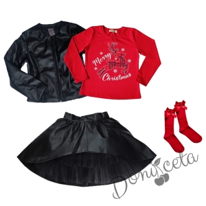 Комплект от 4 части - блуза в червено с момиче, изрязана  кожена пола в черно, кожено яке и чорапи в червено