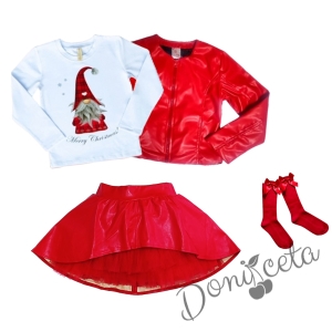 Комплект от 4 части - блуза в бяло с момиче,изрязана  кожена пола в червено, кожено яке и чорапи в червено