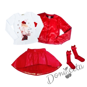 Комплект от 4 части - блуза в бяло с момиче,изрязана  кожена пола в червено , кожено яке и чорапи