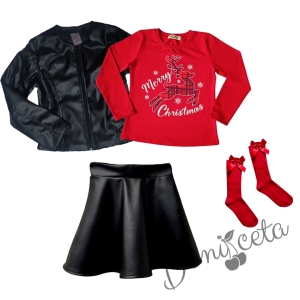Комплект от 4 части - блуза в червено с еленче, кожена пола в черно, кожено яке и чорапи в червено