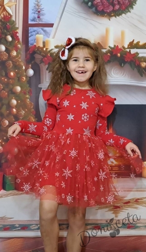 Official children's dress with long sleeves in red with lace and tulle