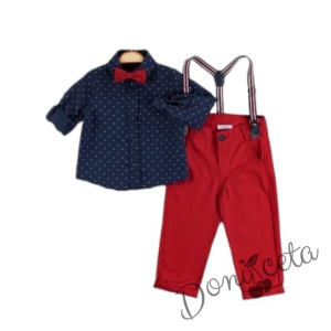 Коледен детски/бебешки комплект за момче от риза в тъмносиньо и панталони в червено с тиранти и папийонка