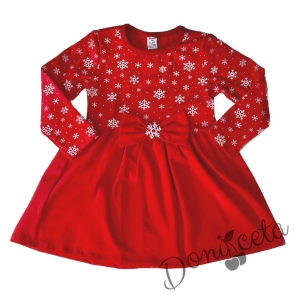 Коледна детска рокля в червено със снежинки 1