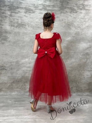 Официална дълга детска рокля в червено с тюл Малисия