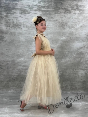 Официална дълга детска рокля в златисто с тюл Малисия6