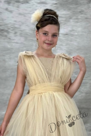 Официална дълга детска рокля в златисто с тюл Малисия7