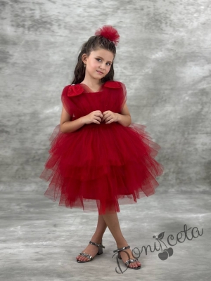 Официална къса детска рокля в червено  с тюл Малисия