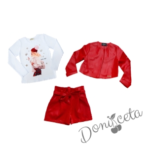 Комплект от 3 части- къси кожени панталони, блуза с момиче и кожено яке с копче в червено