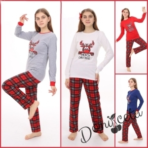 Коледна детска пижама в червено с дълъг ръкав еленче каре 