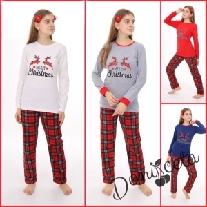 Коледна детска пижама в червено с елени в каре