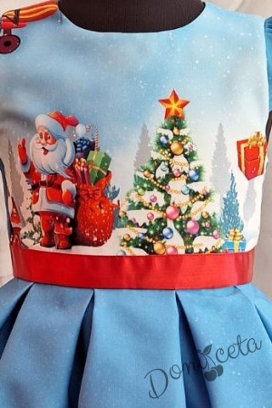Официална детска коледна  рокля с къс ръкав с Дядо Коледа и елха 2