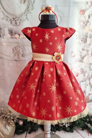 Официална детска коледна  рокля с къс ръкав в червено и златисти звезди