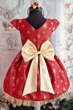Официална детска коледна  рокля с къс ръкав в червено и златисти звезди 3
