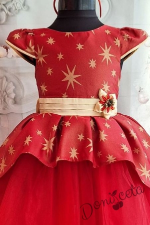 Официална детска коледна  рокля с къс ръкав в червено и златисти звезди и тюл 2