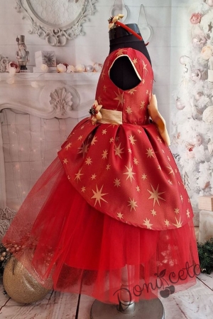 Официална детска коледна  рокля с къс ръкав в червено и златисти звезди и тюл 3