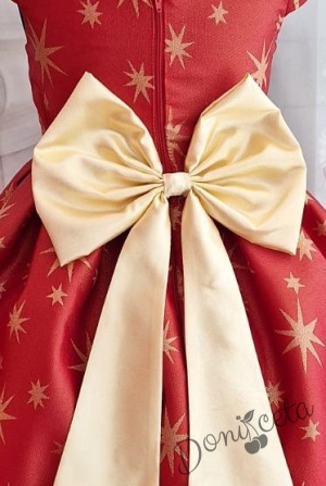 Официална детска коледна  рокля с къс ръкав в червено и златисти звезди и тюл 5