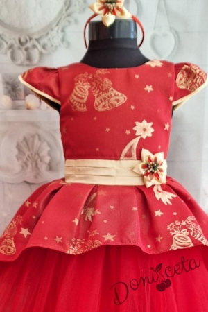 Официална детска коледна  рокля с къс ръкав в червено и златисти орнаменти и тюл 2