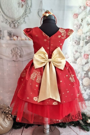 Официална детска коледна  рокля с къс ръкав в червено и златисти орнаменти и тюл 3