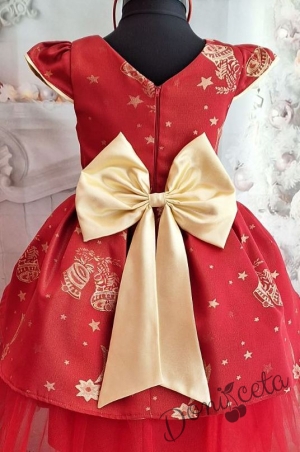 Официална детска коледна  рокля с къс ръкав в червено и златисти орнаменти и тюл 4