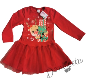 Коледна детска/бебешка рокля в червено с тюл с елен с подаръци