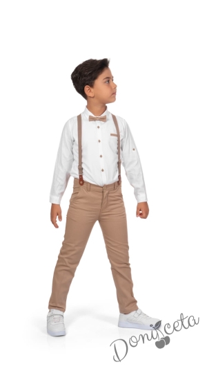 Комплект за момче в бежово - риза в бяло и тиранти 