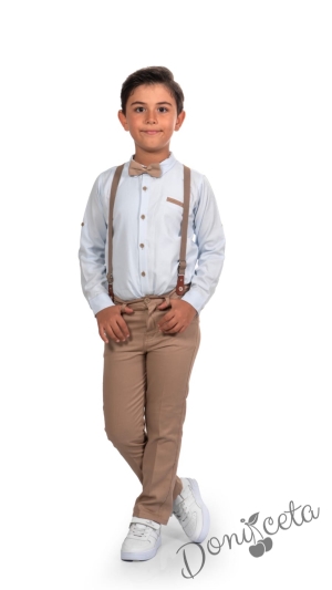 Детски комплект с тиранти, панталон и папийонка в бежово и риза в светлосиньо 
