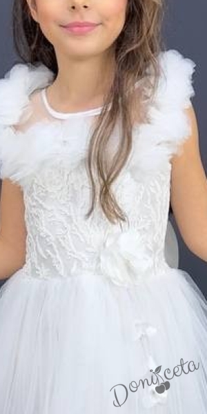 Официална детска дълга рокля в бяло с тюл без ръкав с дантела Леа 3