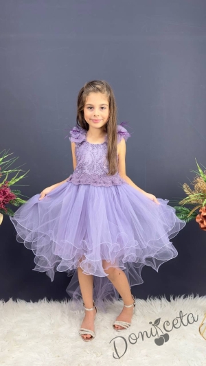 Официална детска дълга рокля в лилаво с тюл без ръкав с дантела Леа с шлейф