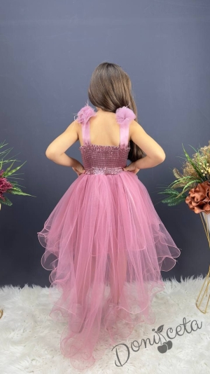 Официална детска дълга рокля в розово с тюл без ръкав с дантела Леа с шлейф 2