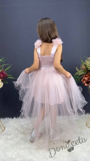Официална детска дълга рокля в пепел от рози с тюл без ръкав с дантела Леа с шлейф 2