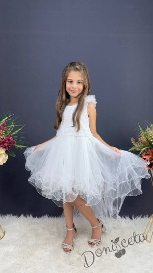 Официална детска дълга рокля в бяло с тюл без ръкав с дантела Леа с шлейф