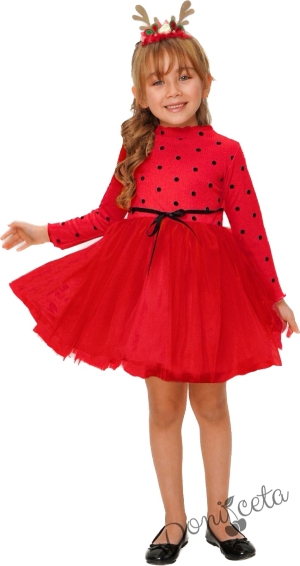 Детска рокля в червено с дълъг ръкав  на точки и тюл пола