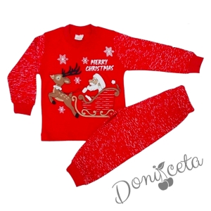 Коледна детска/бебешка пижама в червено с Дядо Коледа и елен