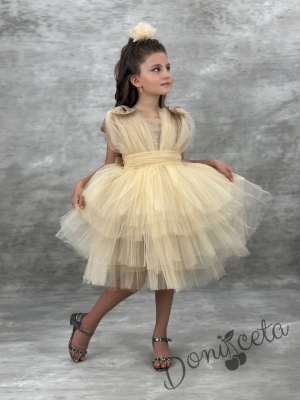 Официална къса детска рокля в златисто с тюл Малисия