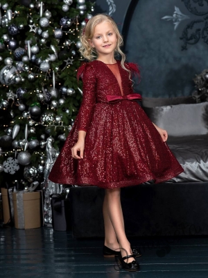 Официална детска рокля с дълъг ръкав в бордо Кристалина 2