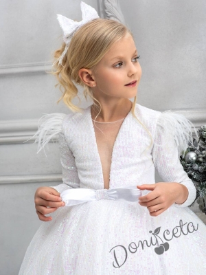 Официална детска рокля с дълъг ръкав в бяло Кристалина 3