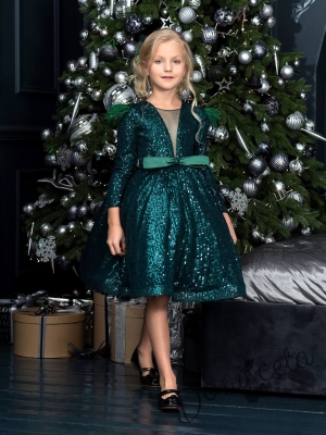 Официална детска рокля с дълъг ръкав в зелено Кристалина 2