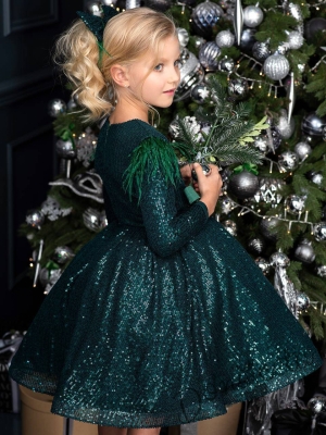 Официална детска рокля с дълъг ръкав в зелено Кристалина 3