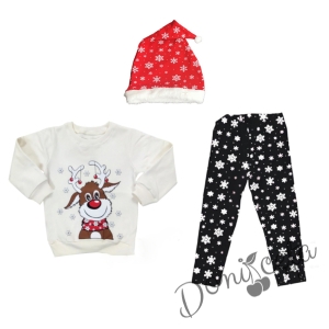 Коледен детски комплект от блуза в бяло, клин в черно и шапка в червено на снежинки