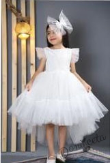 Официална детска рокля в бяло с тюл и пайети Роса с панделка за коса 1