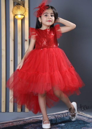 Официална детска рокля в червено с тюл и пайети Роса с панделка за коса 1